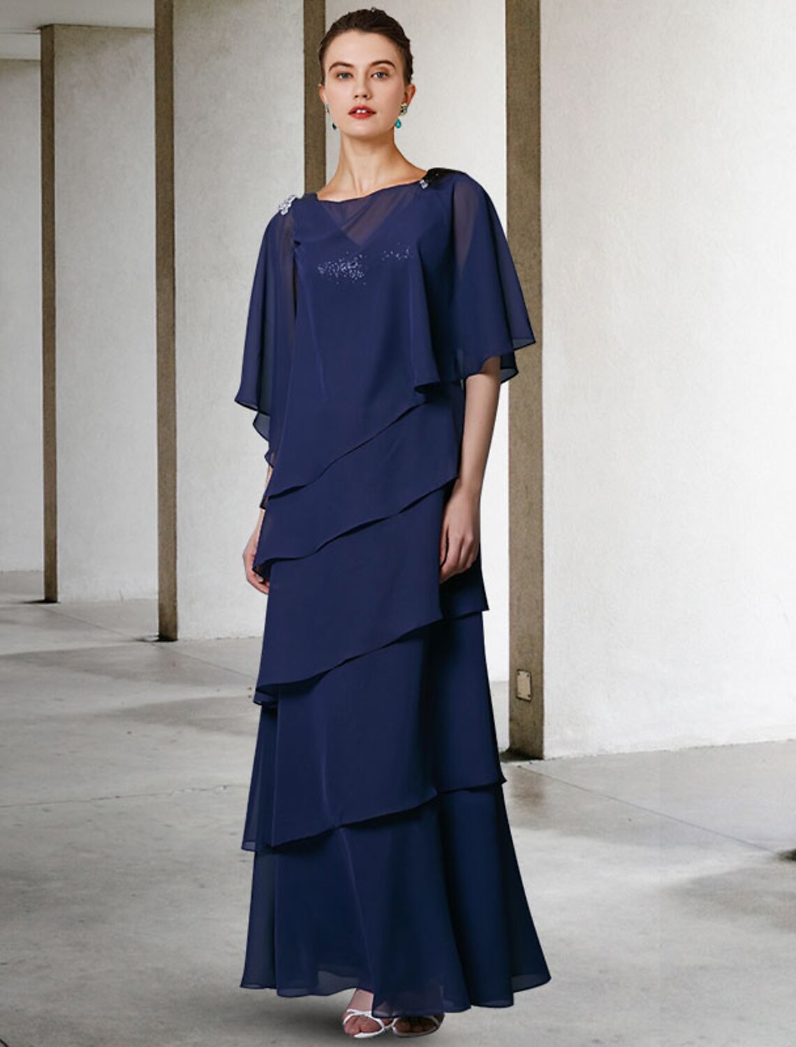 Abito da madre della sposa a trapezio, elegante, con scollo a V, lunghezza al pavimento, in chiffon con paillettes, senza maniche, con volant di paillettes inclusi